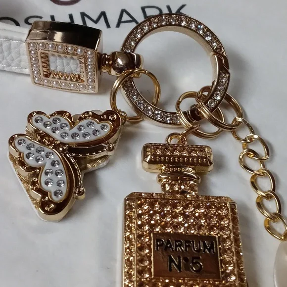 Leather Gold Rhinestone Perfume Bottle Butterfly Flower Bag Charm Handcrafted - Picture 7 of 11